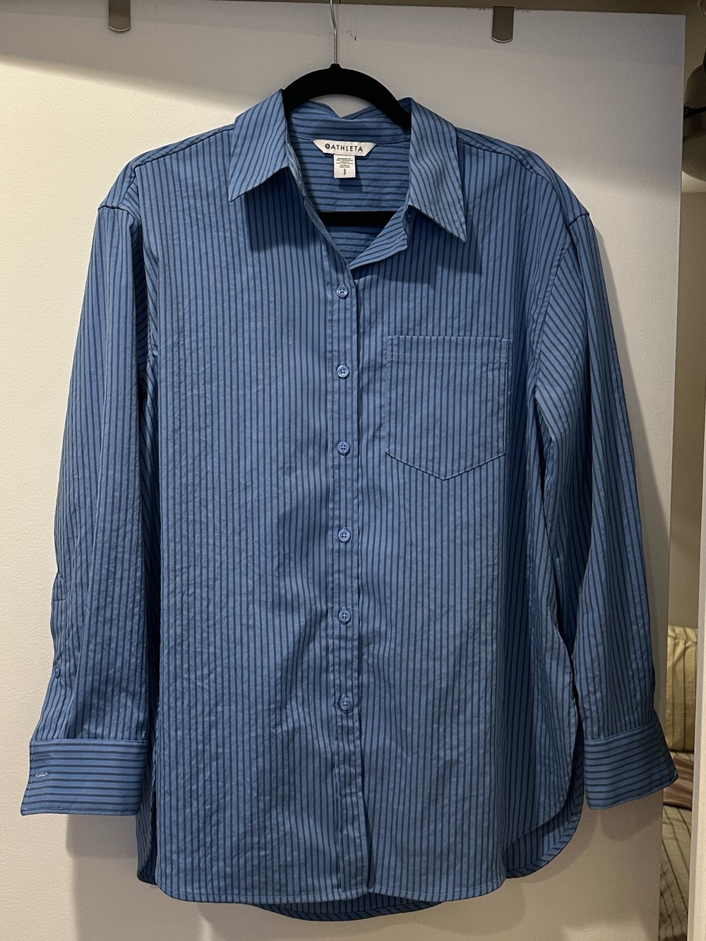 Athleta Blue Pinstripe Long-Sleeve Dress Shirt